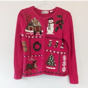 Vintage 90s Ugly Christmas Village  Embroidered Knit Cardigan
